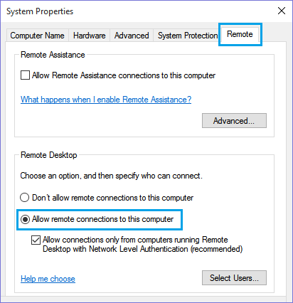 Allow Remote Connections to This Computer Option