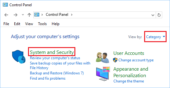 System and Security Option on Windows Control Panel