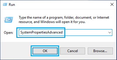 Abre las propiedades avanzadas del sistema mediante el comando Ejecutar en Windows
