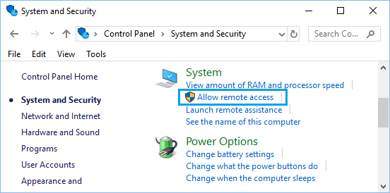 Allow Remote Access Option on Windows Control Panel screen