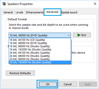 Set Sound to 24 bit, 192000 Hz Studio Quality