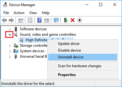 Desinstalar dispositivo de audio en Windows 10