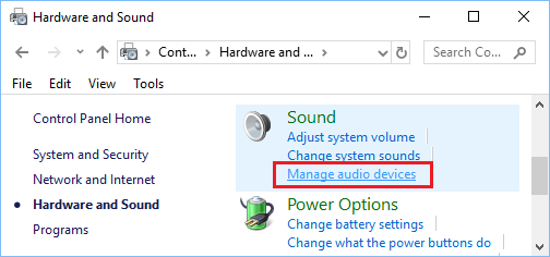 Manage Audio Devices Option in Control Panel