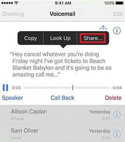 Option to Share Voicemail Transcription On iPhone