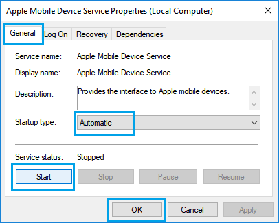 Start Apple Mobile Device Service in Windows 10