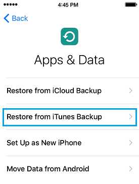 Apps and Data Screen Restore from iTunes Backup Option