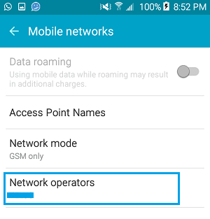 Network Operators Option on Android Phone