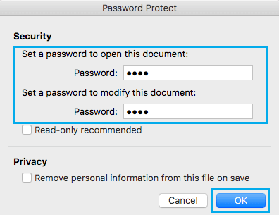 Enter Password in Word 2016 for Mac