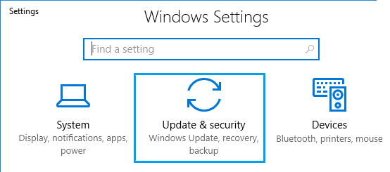 Update and Security Settings Option in Windows 10