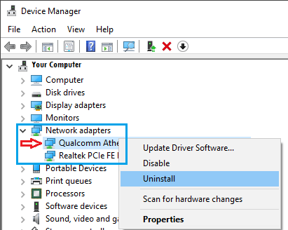 Uninstall Network Adpator in Windows 10