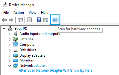 Scan For Hardware Changes Option On Windows Device Manager Screen