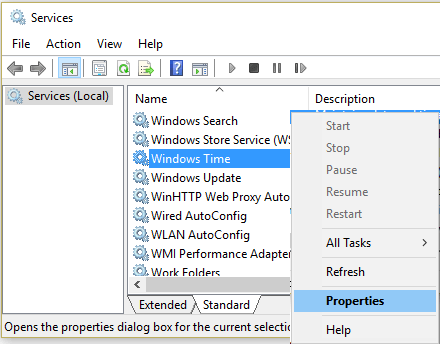 Windows Services Screen Showing Windows Time Entry