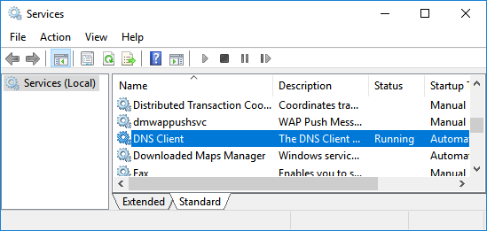 Cliente DNS en la pantalla de servicios de Windows 10