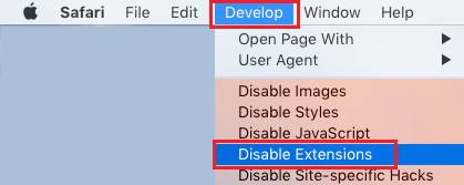 Desactivar la opción de Extensiones en el menú de Desarrollo de Mac