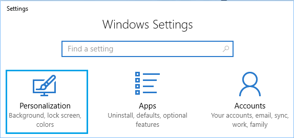 Personalization Option on Windows 10 Settings Screen