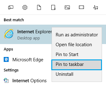 Pin Internet Explorer to Windows 10 Taskbar