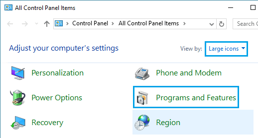 Programs and Features Option in Windows 10 Control Panel