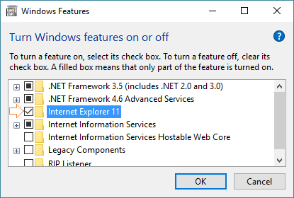 Turn On Internet Explorer On Windows Features Screen