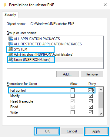 Configure User Permissions For usbstor.PNF File