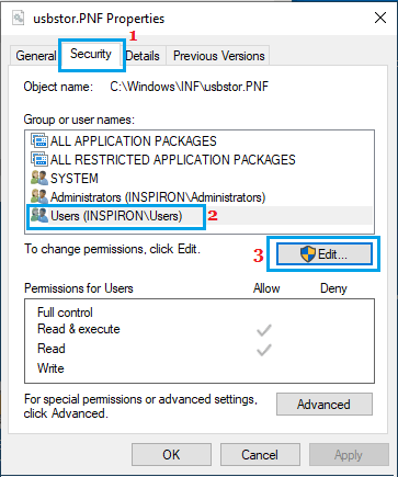 Edit User Permissions For usbstor.PNF File