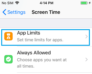 App Limits Option on iPhone