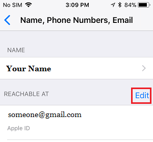 Opción de editar el correo electrónico en el iPhone