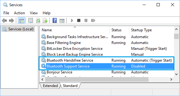 Bluetooth Support Service in Windows 10