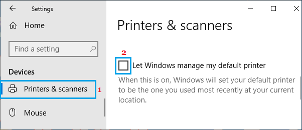 Uncheck Let Windows Manage My Default Printer 