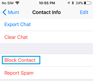 Block Contact Option in WhatsApp