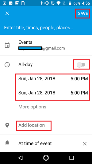 Calendar Event Details Settings Screen on Android Phone