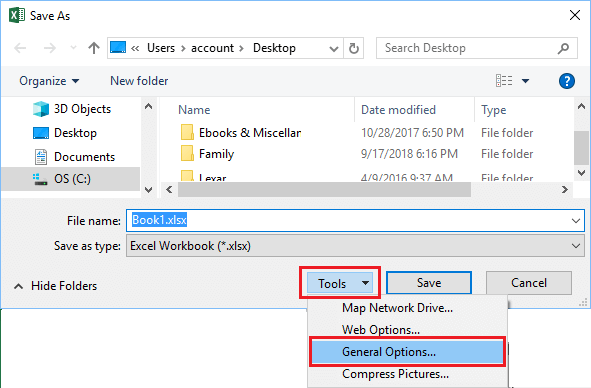 Save As Tools General Options in Excel