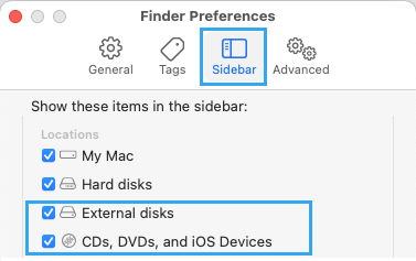 Mostrar unidades externas y dispositivos iOS en el Mac