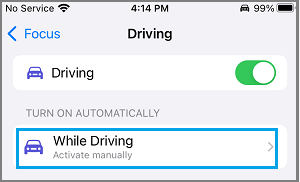 While Driving Settings Option on iPhone
