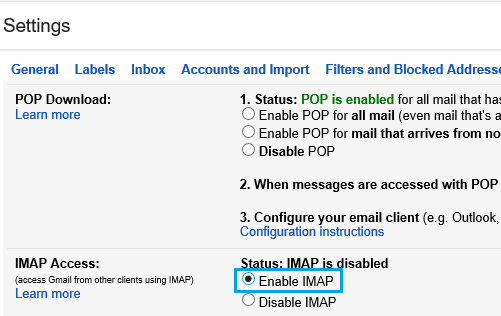 Enable IMAP on Gmail