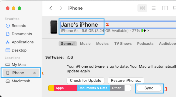Renombrar el iPhone con el Finder en Mac