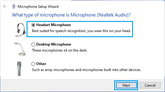 Selección del tipo de micrófono para la opción de configuración en Windows