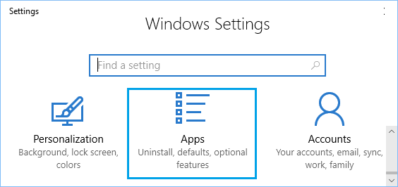 Pestaña de aplicaciones en la pantalla de configuración de Windows