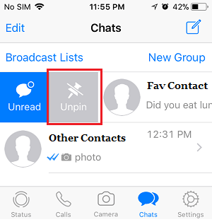 Unpin Chats in WhatsApp on iPhone
