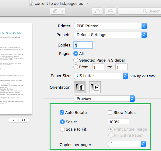 Preview Mode Print Options on Mac