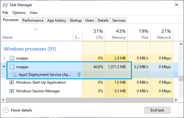 High CPU Usage By WSAPPX in Windows Task Manager