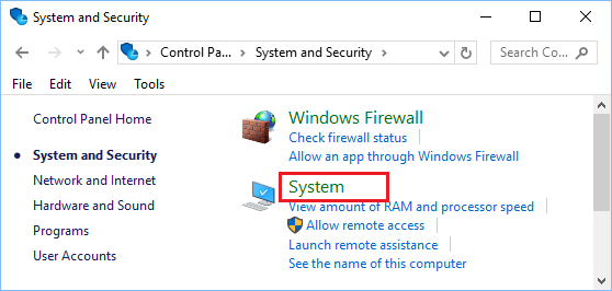 System Option in Windows 10 System and Security Screen