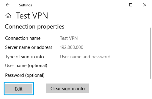 Pantalla de propiedades de la conexión VPN