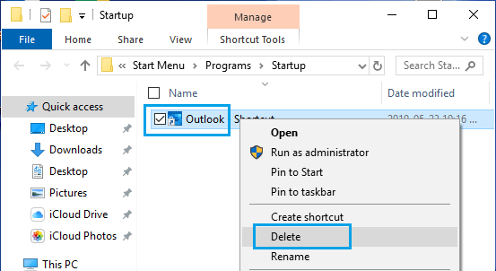 Eliminar Outlook de la carpeta de inicio de Windows