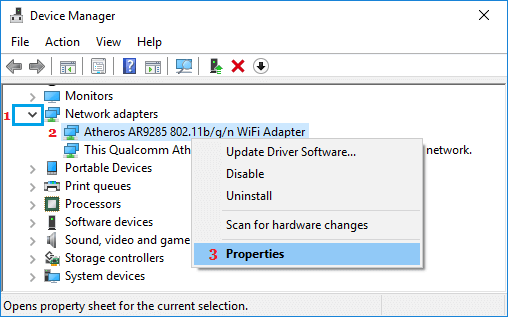 WiFi Adapter Properties Option in Windows 10 Device Manager Screen