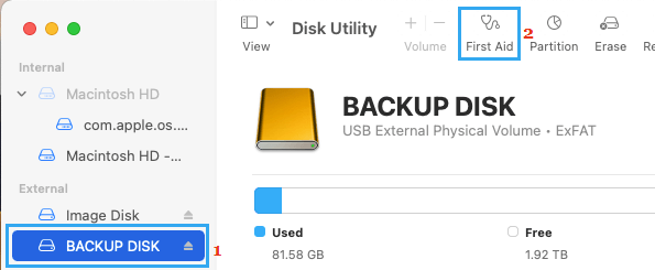 Ejecutar la opción de primeros auxilios de la Utilidad de Discos en el Mac