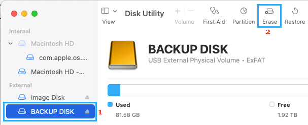 Erase Disk Option in Disk Utility on Mac