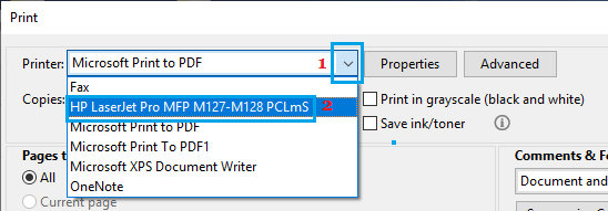 Select Printer Option on Adobe Acrobat Print Screen