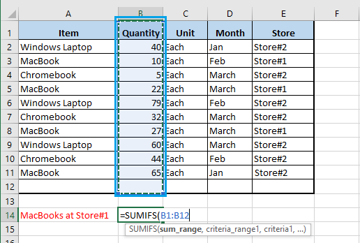 Seleccionar el rango de suma en la función SUMIFS de Excel