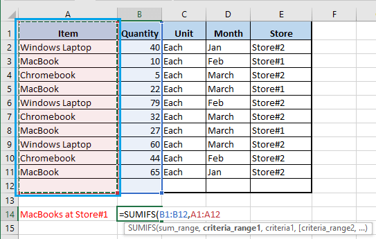 Selecciona el rango de criterios1 en la función SUMIFS de Excel