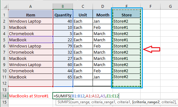 Selecciona el rango de criterios2 en la función SUMIFS de Excel 